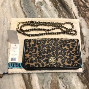 NWT Tory Burch Adalyn Leopard Raffia Clutch